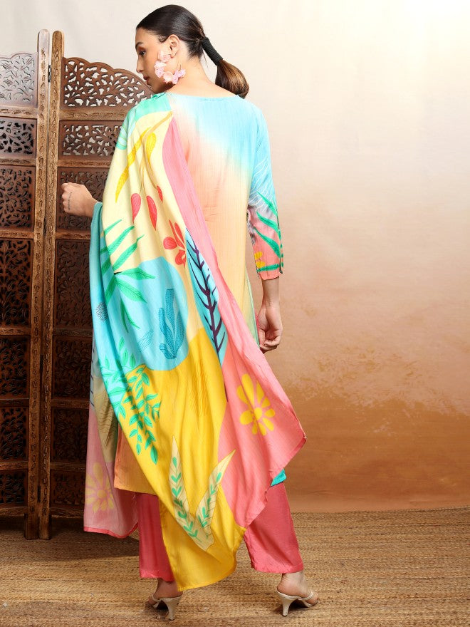Vishudh Women Multi Embroidered Kurta With Trouser And Dupatta - Multi - Image 3