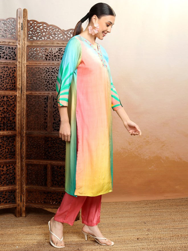 Vishudh Women Multi Embroidered Kurta With Trouser And Dupatta - Multi - Image 4