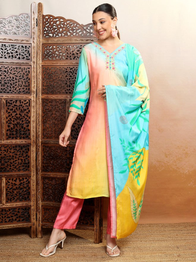 Vishudh Women Multi Embroidered Kurta With Trouser And Dupatta - Multi - Image 8