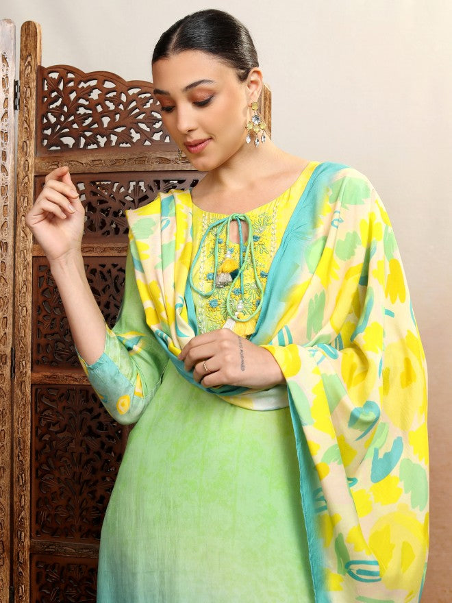 Vishudh Women Multi Embroidered Kurta With Trouser And Dupatta - Multi - Image 1