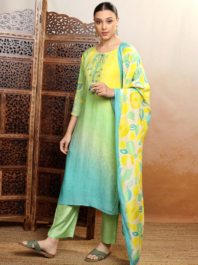 Vishudh Women Multi Embroidered Kurta With Trouser And Dupatta - Multi - Image 2