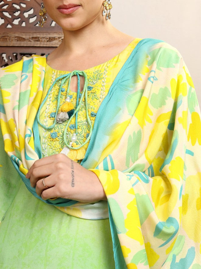 Vishudh Women Multi Embroidered Kurta With Trouser And Dupatta - Multi - Image 5