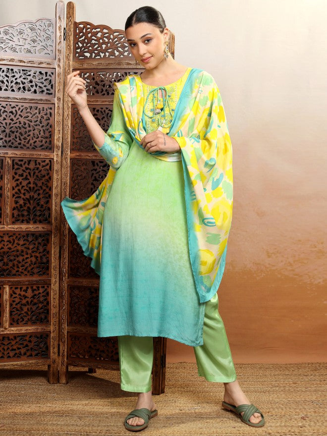 Vishudh Women Multi Embroidered Kurta With Trouser And Dupatta - Multi - Image 8