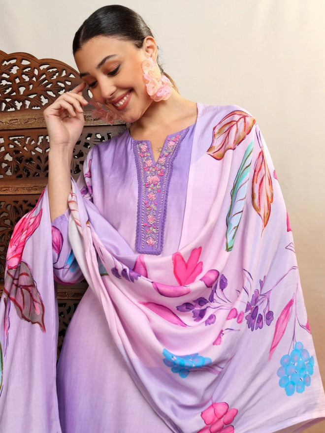 Vishudh Women Purple Embroidered Kurta With Trouser And Dupatta - Purple - Image 1