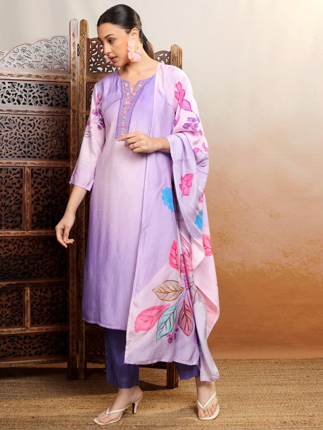 Vishudh Women Purple Embroidered Kurta With Trouser And Dupatta - Purple - Image 2