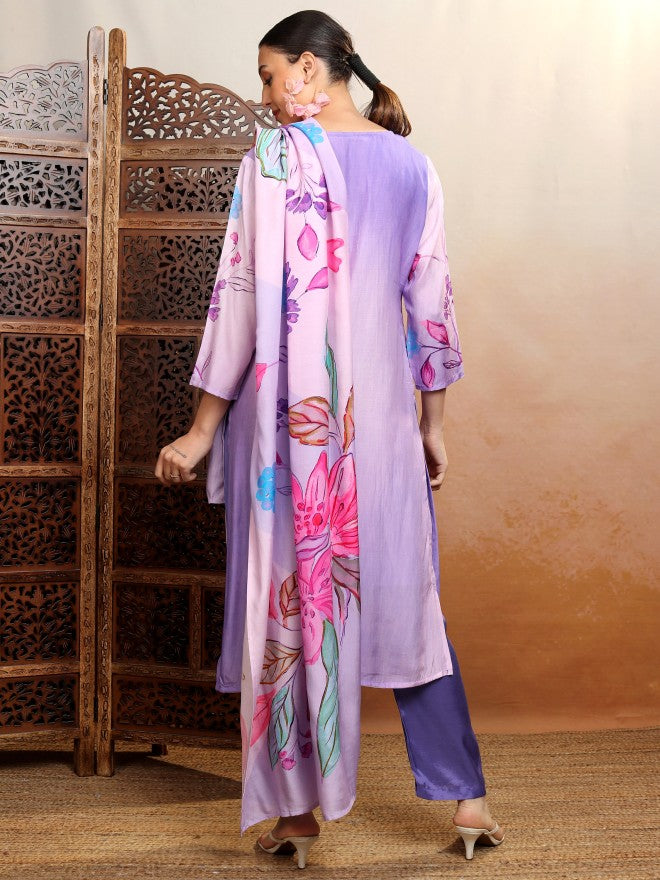 Vishudh Women Purple Embroidered Kurta With Trouser And Dupatta - Purple - Image 3