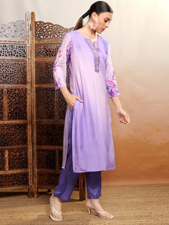 Vishudh Women Purple Embroidered Kurta With Trouser And Dupatta - Purple - Image 4