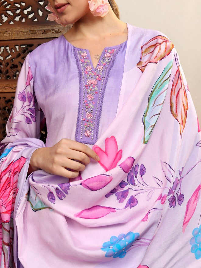 Vishudh Women Purple Embroidered Kurta With Trouser And Dupatta - Purple - Image 5