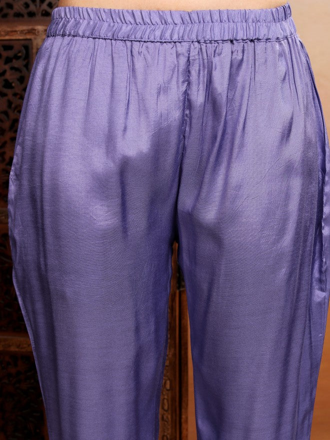 Vishudh Women Purple Embroidered Kurta With Trouser And Dupatta - Purple - Image 6