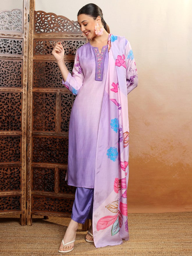 Vishudh Women Purple Embroidered Kurta With Trouser And Dupatta - Purple - Image 8