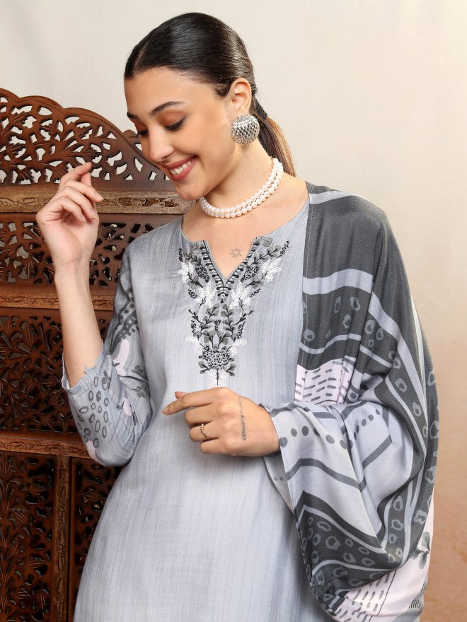 Vishudh Women Grey Embroidered Kurta With Trouser And Dupatta - Grey - Image 1