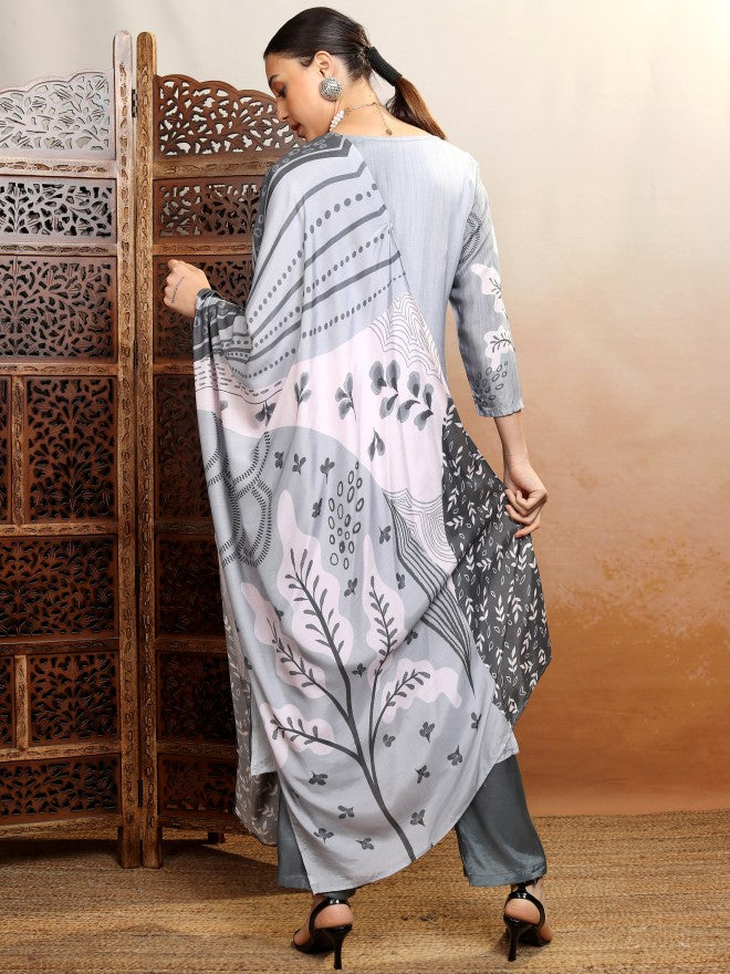 Vishudh Women Grey Embroidered Kurta With Trouser And Dupatta - Grey - Image 3