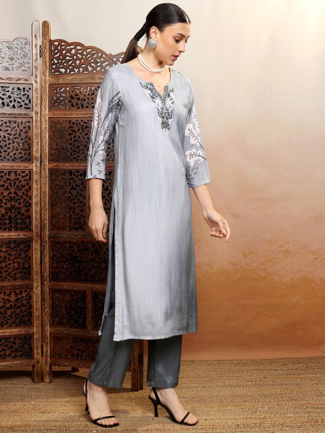 Vishudh Women Grey Embroidered Kurta With Trouser And Dupatta - Grey - Image 4