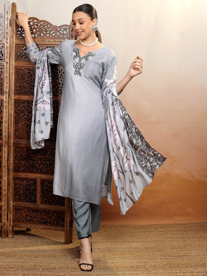 Vishudh Women Grey Embroidered Kurta With Trouser And Dupatta - Grey - Image 8