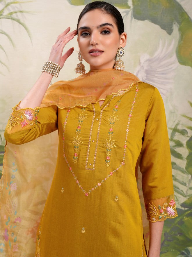 Vishudh Women Mustard Embroidered Kurta With Trouser And Dupatta - Mustard - Image 1