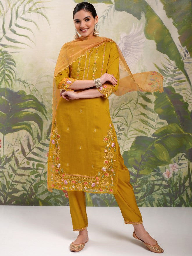 Vishudh Women Mustard Embroidered Kurta With Trouser And Dupatta - Mustard - Image 2