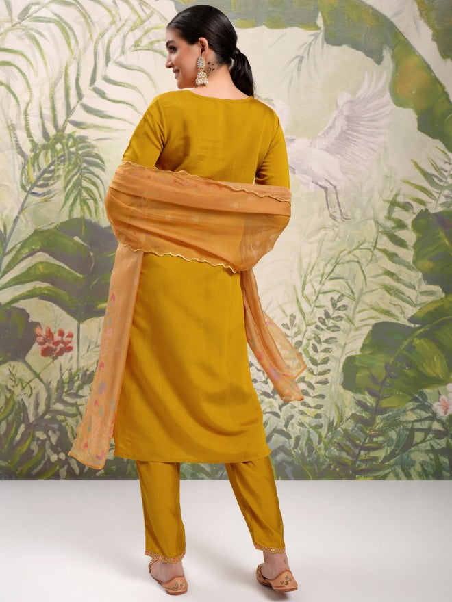 Vishudh Women Mustard Embroidered Kurta With Trouser And Dupatta - Mustard - Image 3