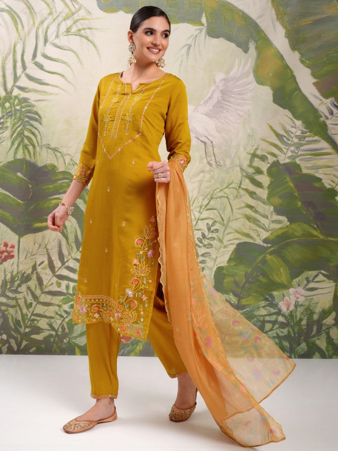 Vishudh Women Mustard Embroidered Kurta With Trouser And Dupatta - Mustard - Image 4