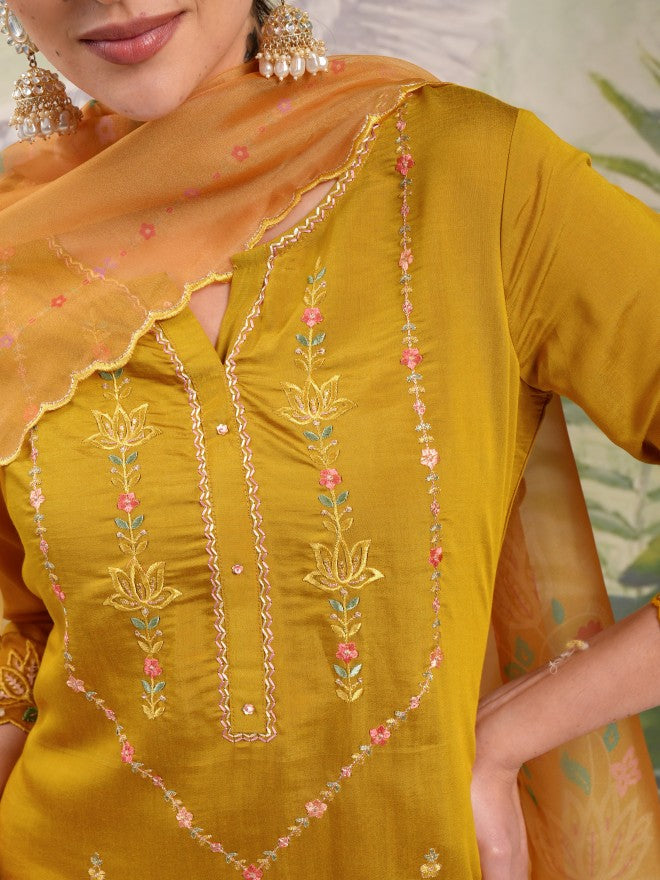 Vishudh Women Mustard Embroidered Kurta With Trouser And Dupatta - Mustard - Image 5