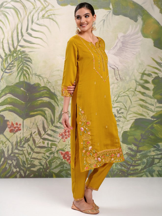 Vishudh Women Mustard Embroidered Kurta With Trouser And Dupatta - Mustard - Image 6