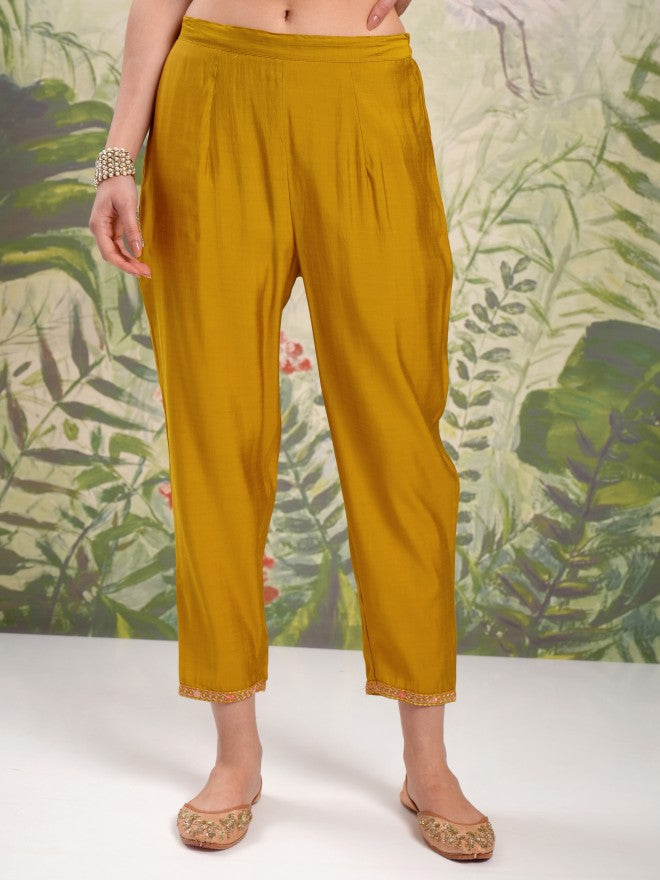Vishudh Women Mustard Embroidered Kurta With Trouser And Dupatta - Mustard - Image 8
