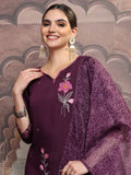 Vishudh Women Purple Embroidered Kurta With Trouser And Dupatta - Purple - Image 1