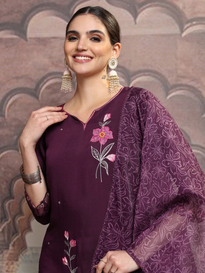 Vishudh Women Purple Embroidered Kurta With Trouser And Dupatta - Purple - Image 1