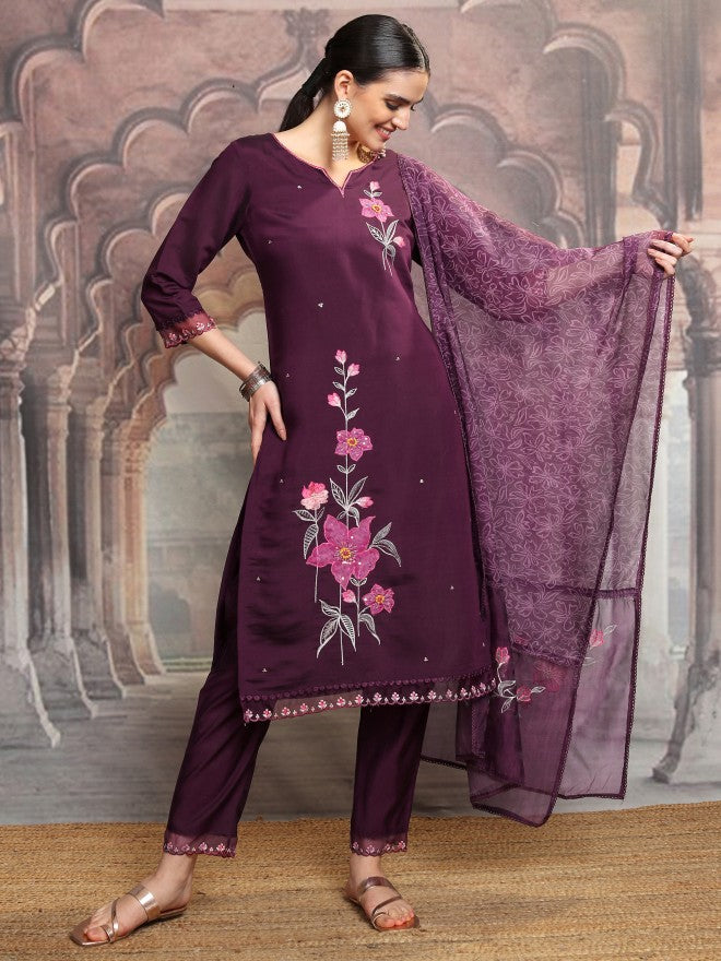 Vishudh Women Purple Embroidered Kurta With Trouser And Dupatta - Purple - Image 2