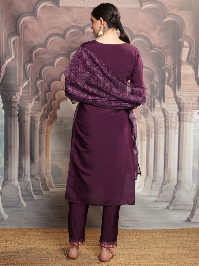 Vishudh Women Purple Embroidered Kurta With Trouser And Dupatta - Purple - Image 3