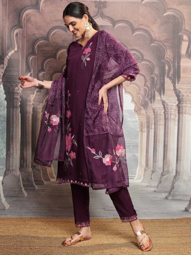 Vishudh Women Purple Embroidered Kurta With Trouser And Dupatta - Purple - Image 4