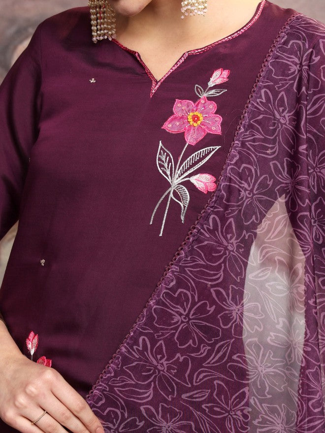 Vishudh Women Purple Embroidered Kurta With Trouser And Dupatta - Purple - Image 5