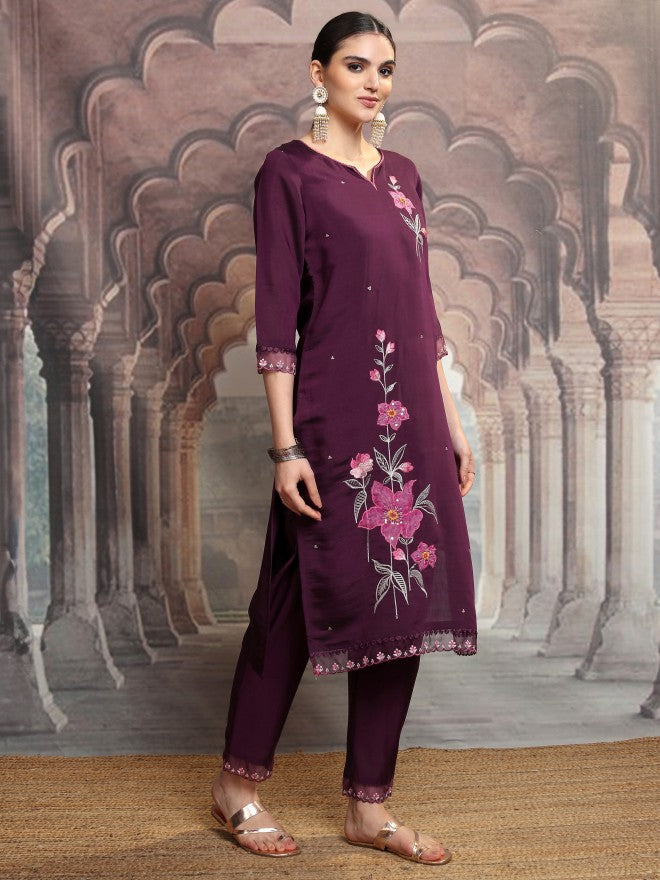 Vishudh Women Purple Embroidered Kurta With Trouser And Dupatta - Purple - Image 6