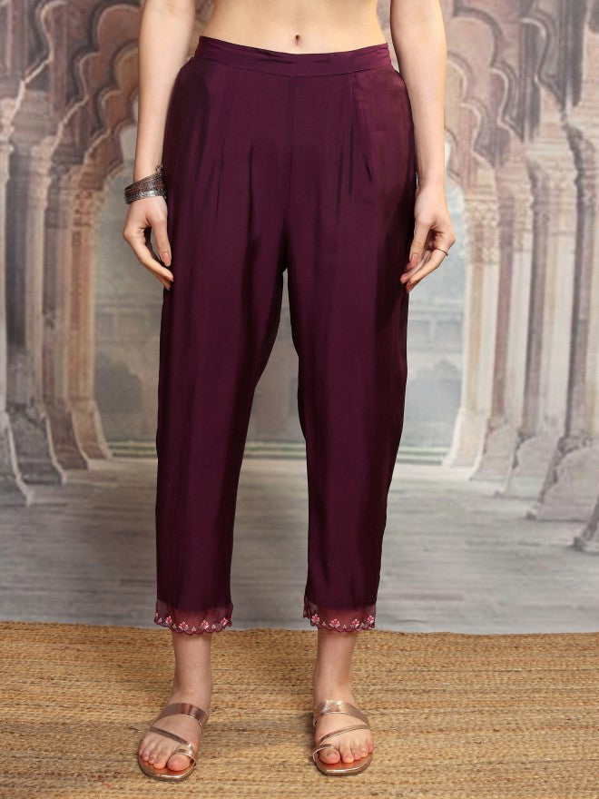 Vishudh Women Purple Embroidered Kurta With Trouser And Dupatta - Purple - Image 7