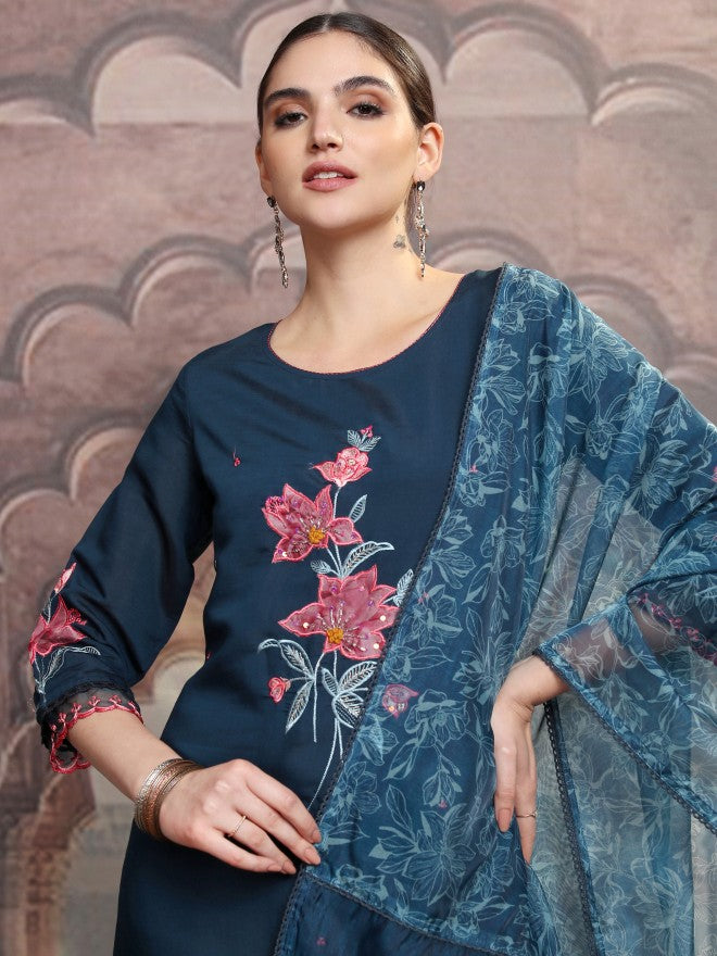 Vishudh Women Teal Embroidered Kurta With Trouser And Dupatta - Teal - Image 1