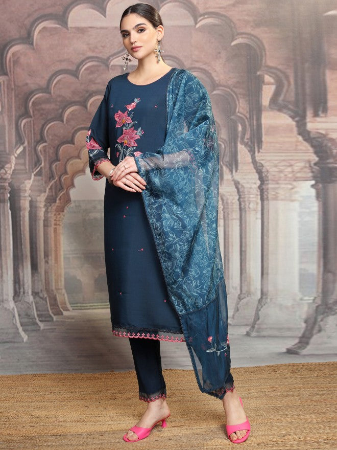 Vishudh Women Teal Embroidered Kurta With Trouser And Dupatta - Teal - Image 2