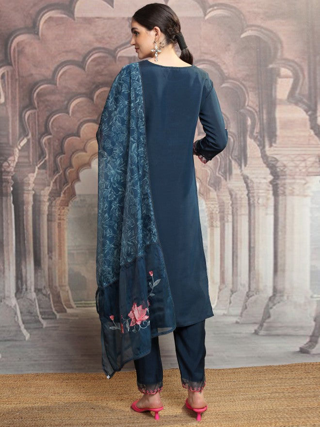 Vishudh Women Teal Embroidered Kurta With Trouser And Dupatta - Teal - Image 3