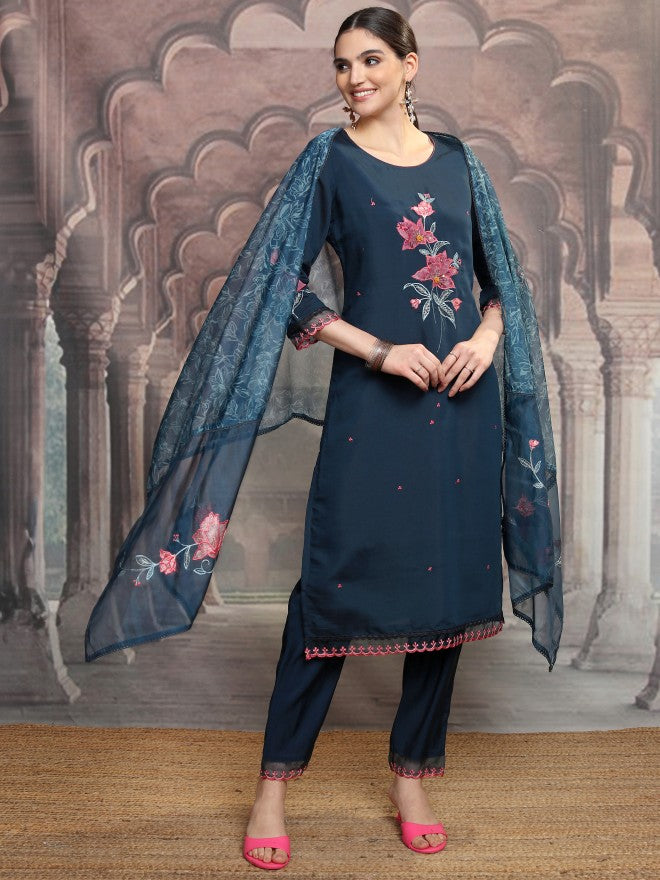 Vishudh Women Teal Embroidered Kurta With Trouser And Dupatta - Teal - Image 4