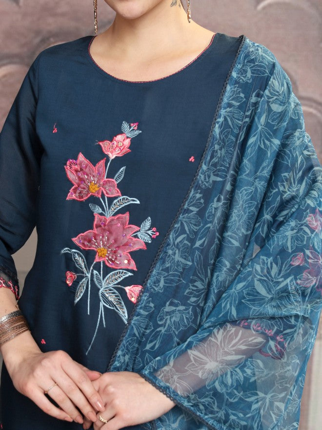 Vishudh Women Teal Embroidered Kurta With Trouser And Dupatta - Teal - Image 5