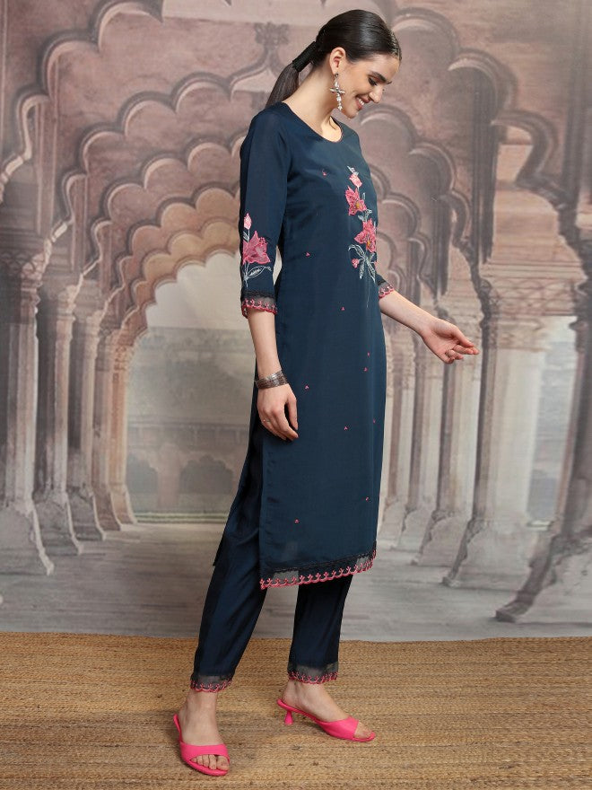 Vishudh Women Teal Embroidered Kurta With Trouser And Dupatta - Teal - Image 6