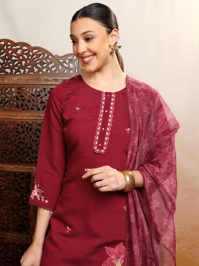 Vishudh Women Burgundy Embroidered Kurta With Trouser And Dupatta - Burgundy - Image 1