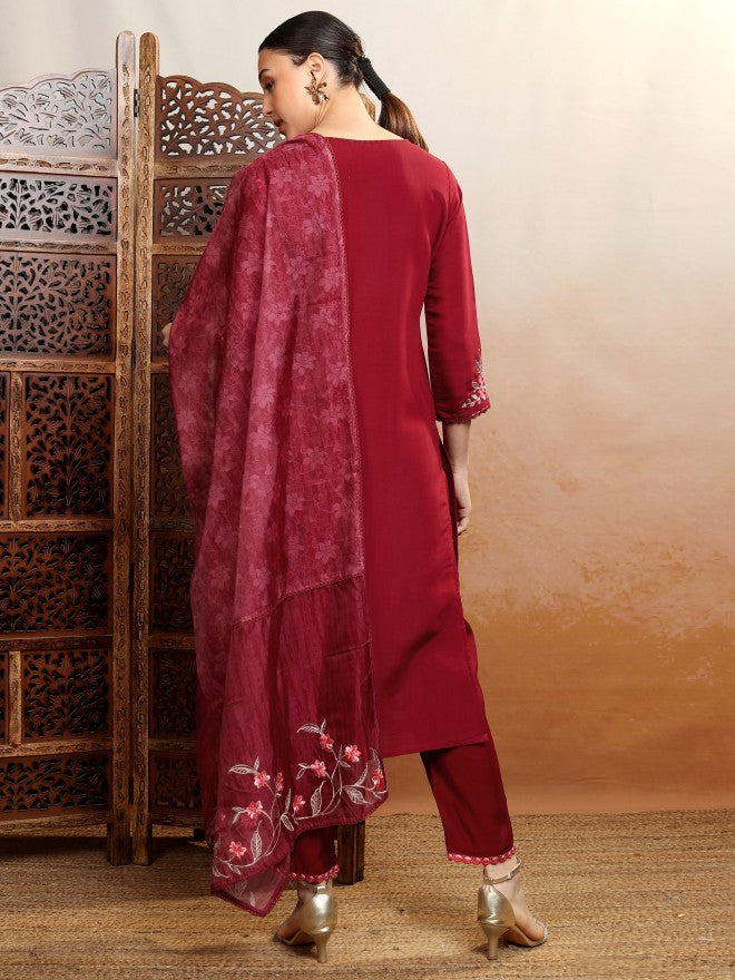 Vishudh Women Burgundy Embroidered Kurta With Trouser And Dupatta - Burgundy - Image 3