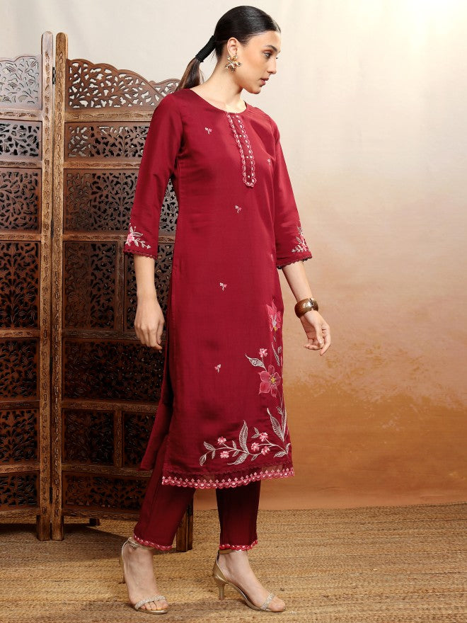 Vishudh Women Burgundy Embroidered Kurta With Trouser And Dupatta - Burgundy - Image 4