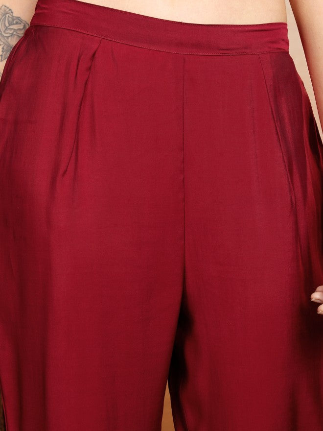Vishudh Women Burgundy Embroidered Kurta With Trouser And Dupatta - Burgundy - Image 6