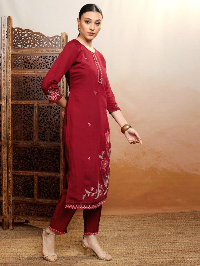 Vishudh Women Burgundy Embroidered Kurta With Trouser And Dupatta - Burgundy - Image 8