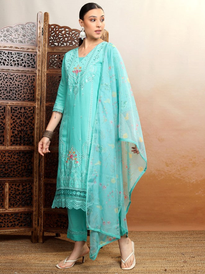 Vishudh Women Blue Embroidered Kurta With Trouser And Dupatta - Blue - Image 2