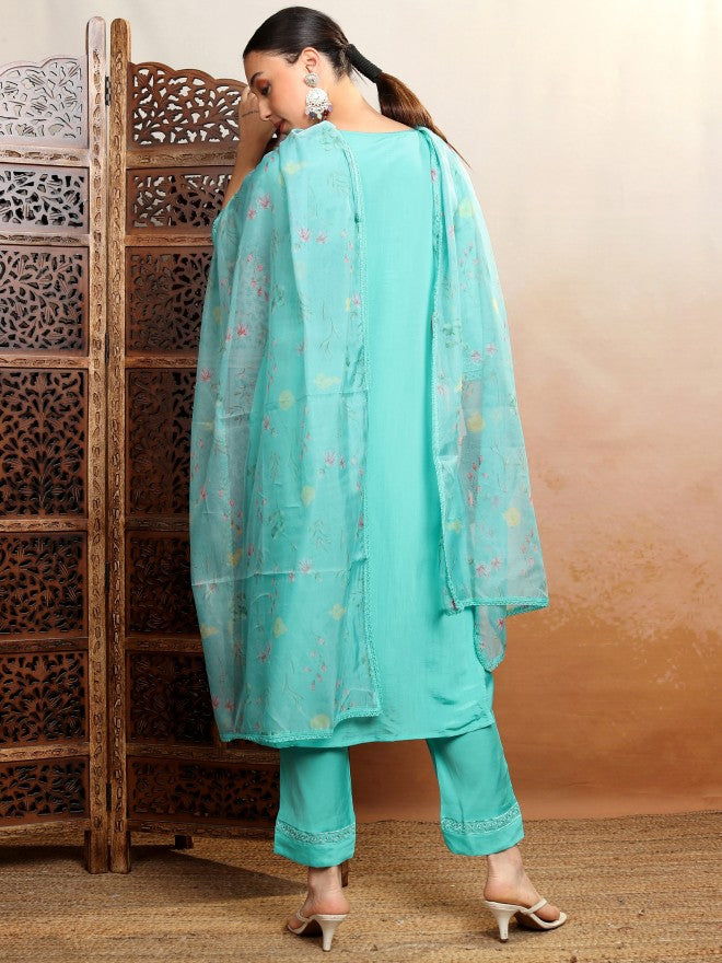 Vishudh Women Blue Embroidered Kurta With Trouser And Dupatta - Blue - Image 3