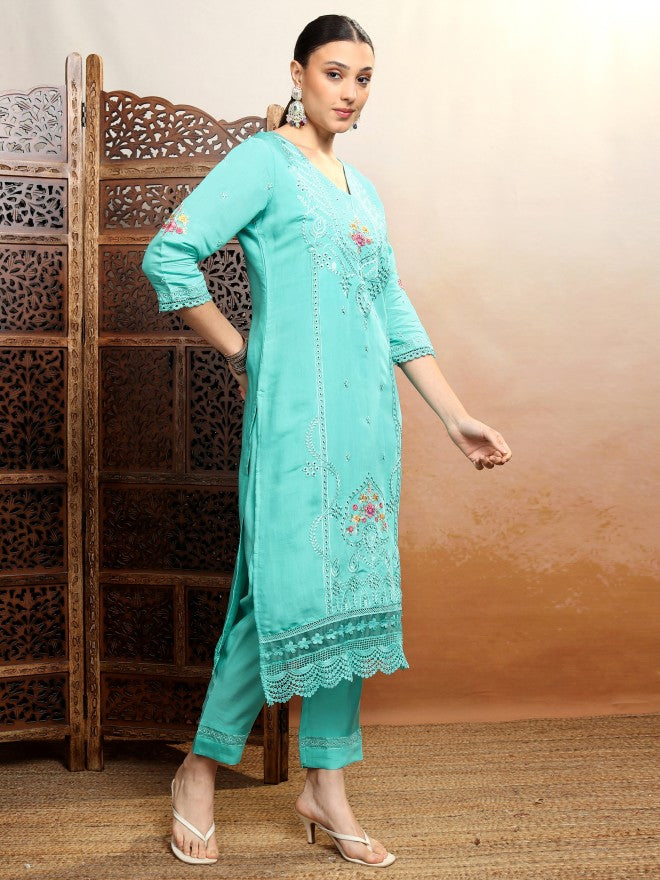 Vishudh Women Blue Embroidered Kurta With Trouser And Dupatta - Blue - Image 4