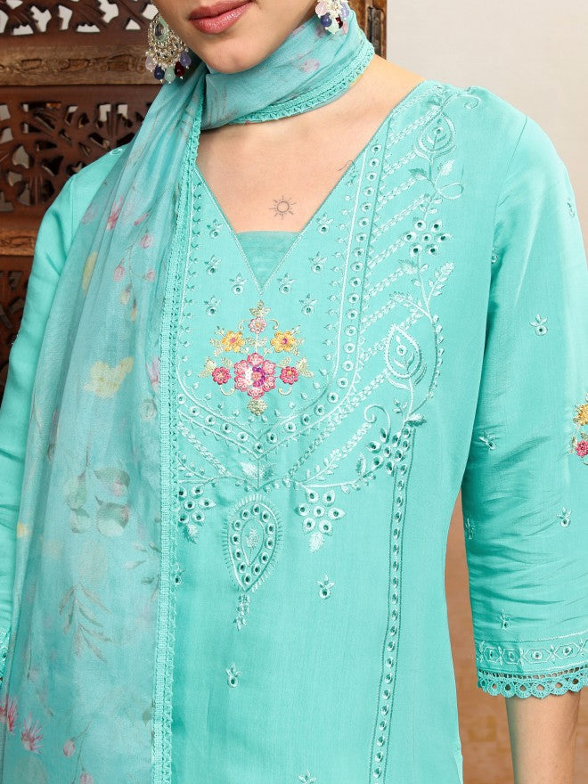 Vishudh Women Blue Embroidered Kurta With Trouser And Dupatta - Blue - Image 5