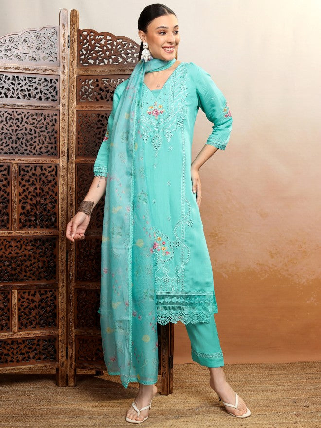Vishudh Women Blue Embroidered Kurta With Trouser And Dupatta - Blue - Image 8