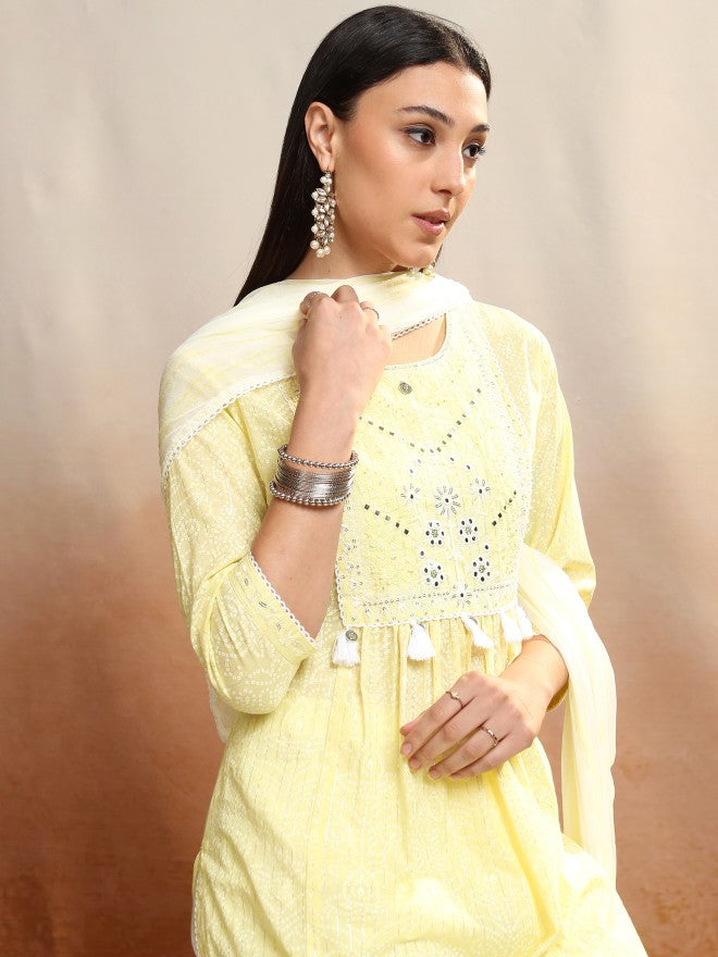 Vishudh Women Yellow Embroidered Kurta With Trouser And Dupatta - Yellow - Image 1